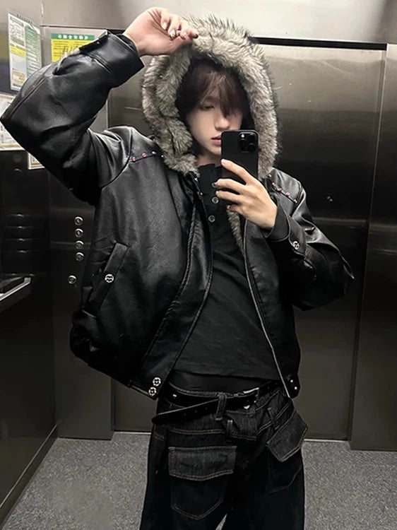 Faux Fur Hood Leather Jacket