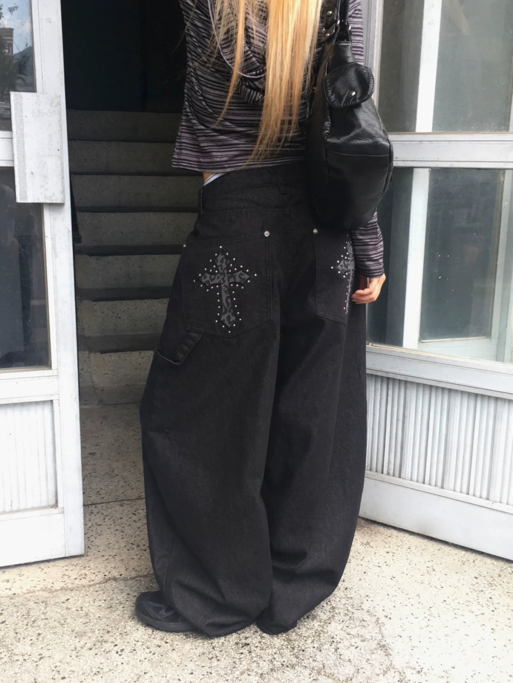 Cross Embroidered Wide Jeans
