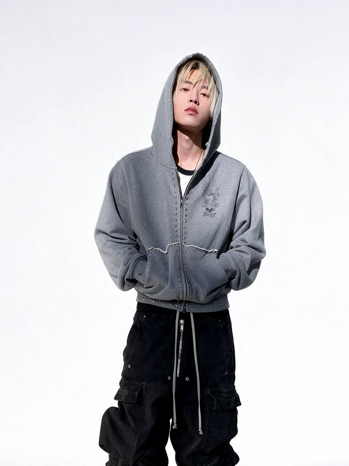 Skull Wing Distressed Rivet Hoodie