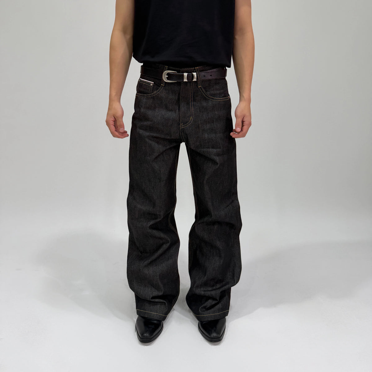 Raw Black Denim Straight Jeans