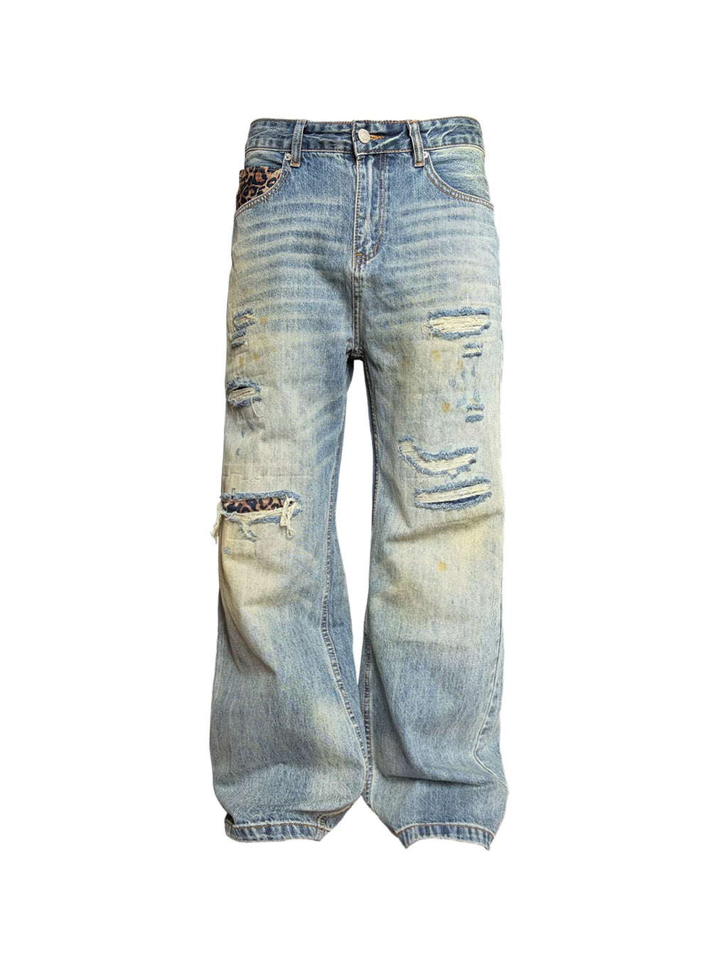 Leopard Patch Ripped Straight Jeans
