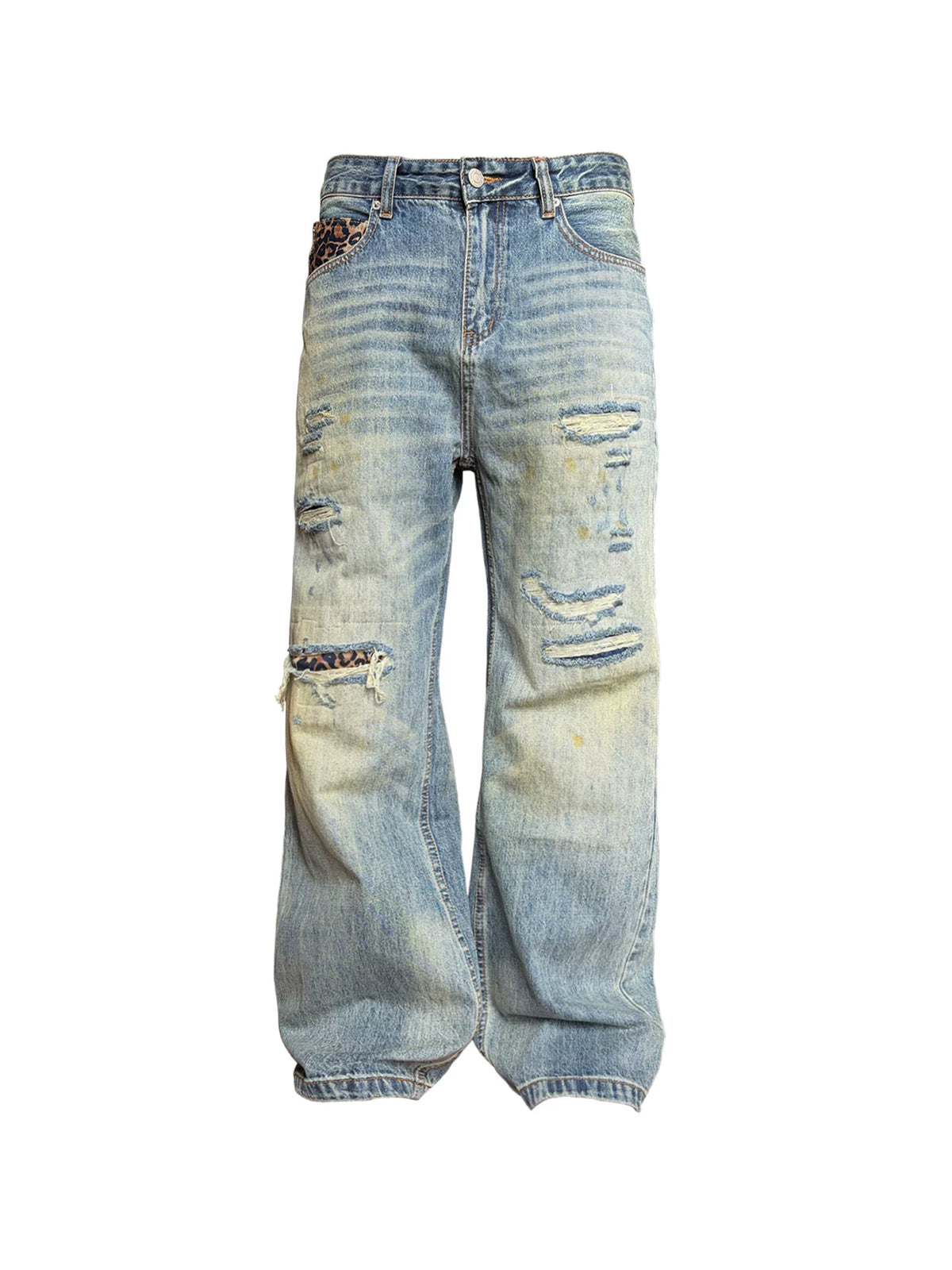 Leopard Patch Ripped Straight Jeans