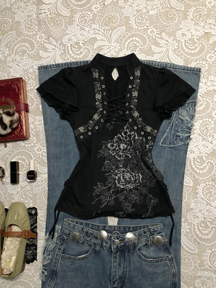 Printed Tie-Neck Stand Collar Top