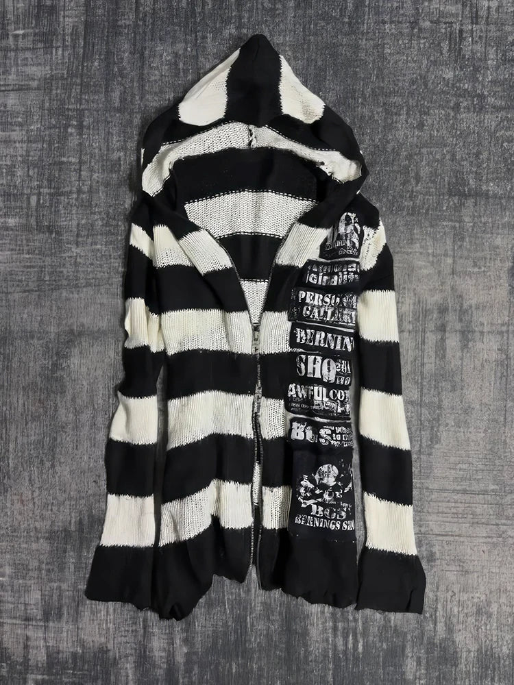 Striped Hooded Zip Knit Cardigan
