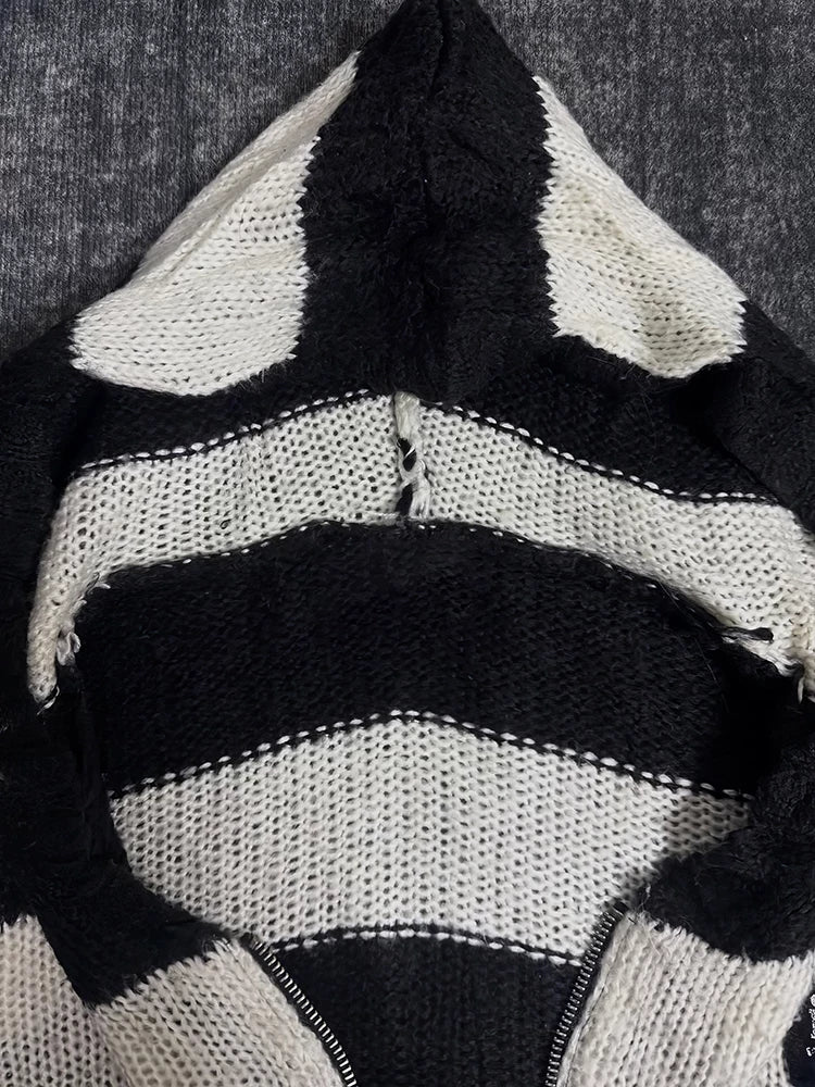 Striped Hooded Zip Knit Cardigan