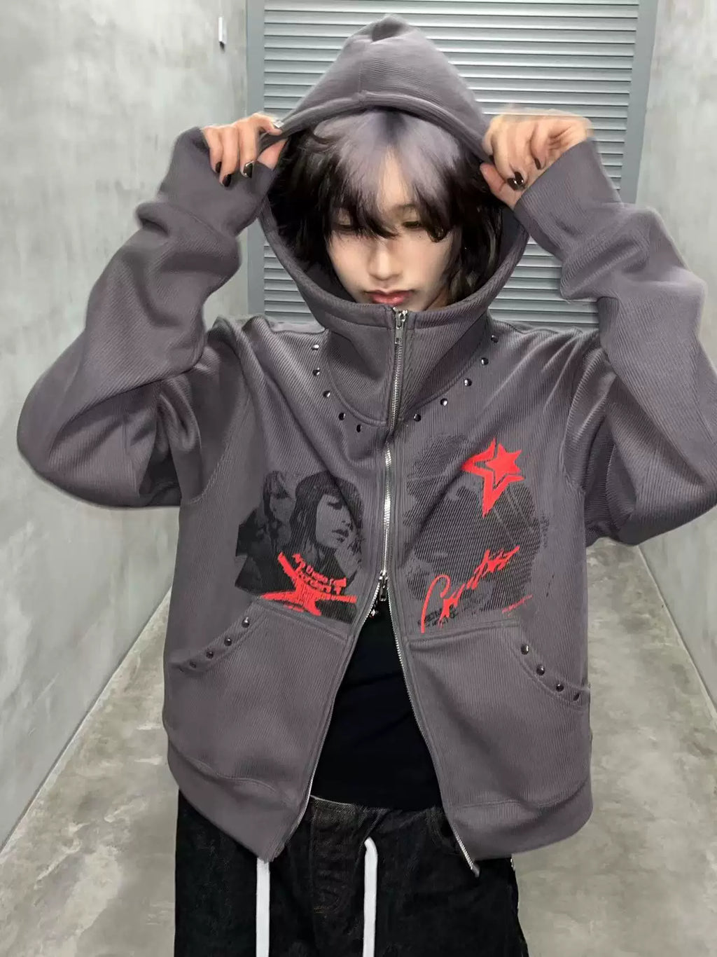 Grey Nail Print Zip Hoodie