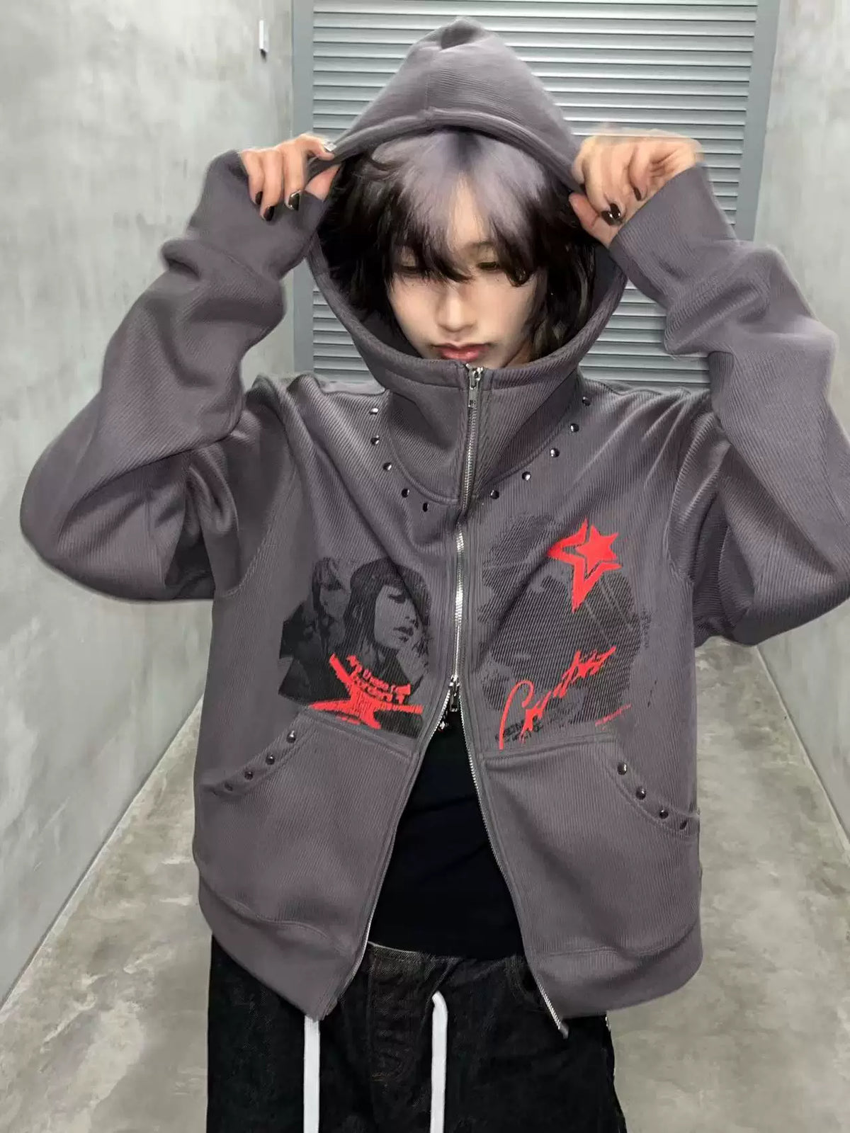 Grey Nail Print Zip Hoodie