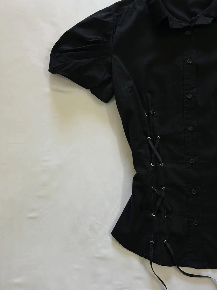 Black Lace-Up Puff Sleeve Shirt