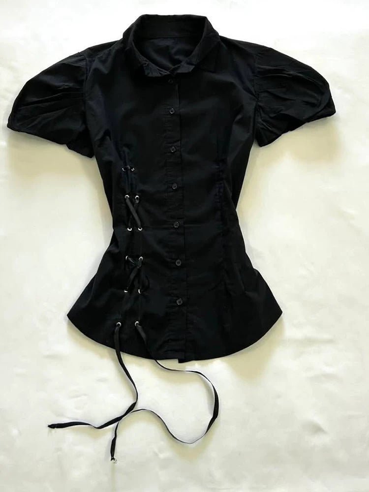 Black Lace-Up Puff Sleeve Shirt