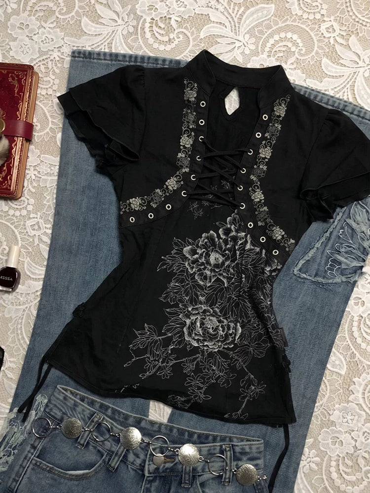 Printed Tie-Neck Stand Collar Top