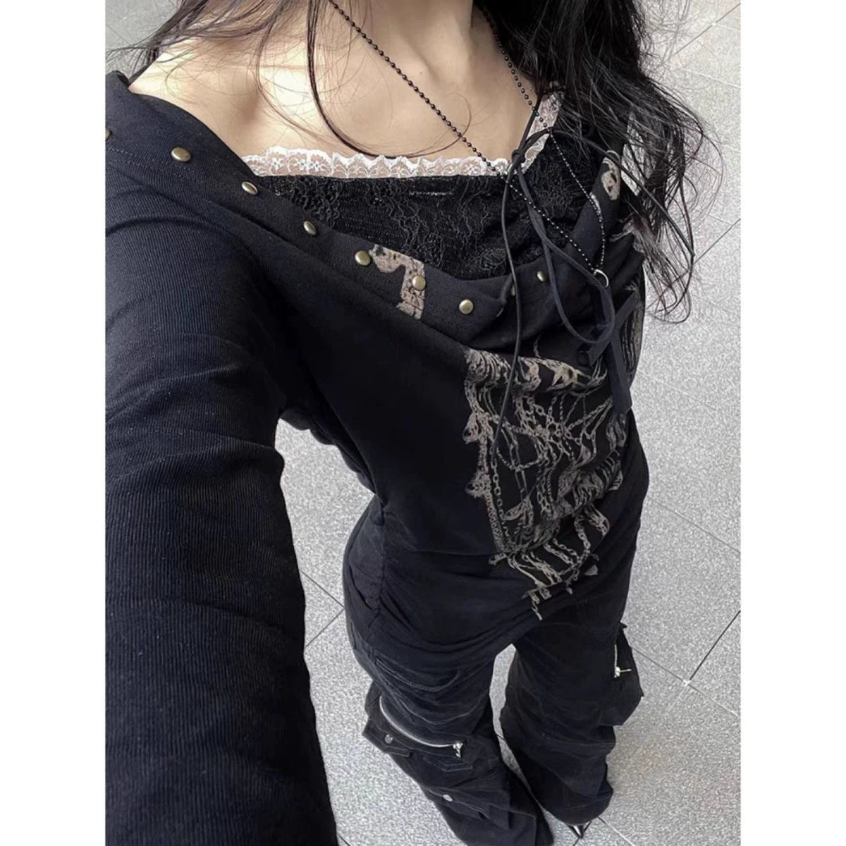 Lace Print Off-Shoulder Long Sleeve
