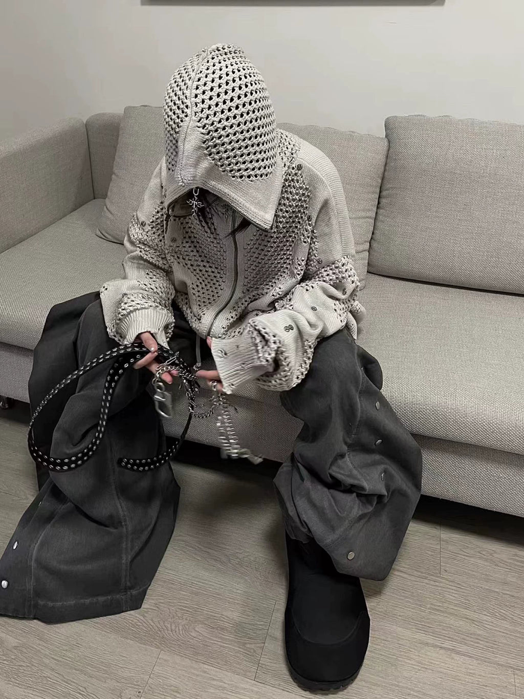 Cross Zip Open-Knit Hooded Jacket