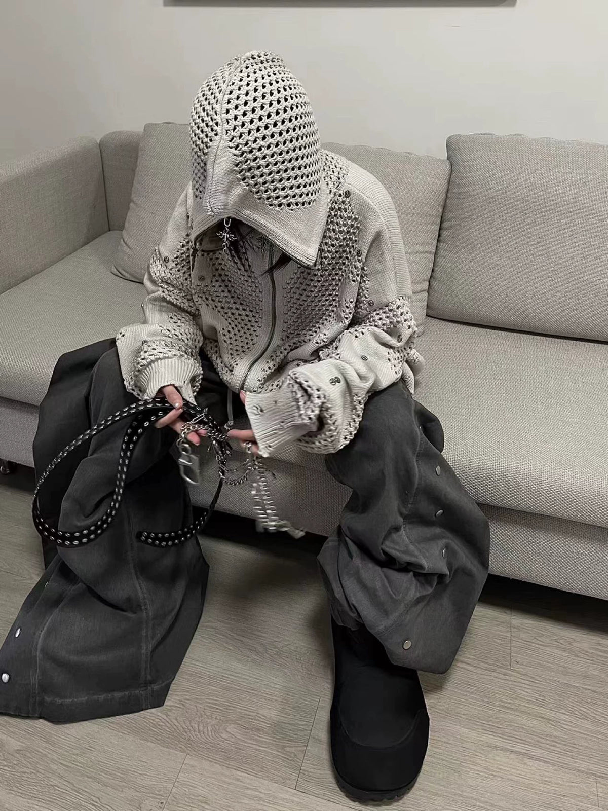 Cross Zip Open-Knit Hooded Jacket