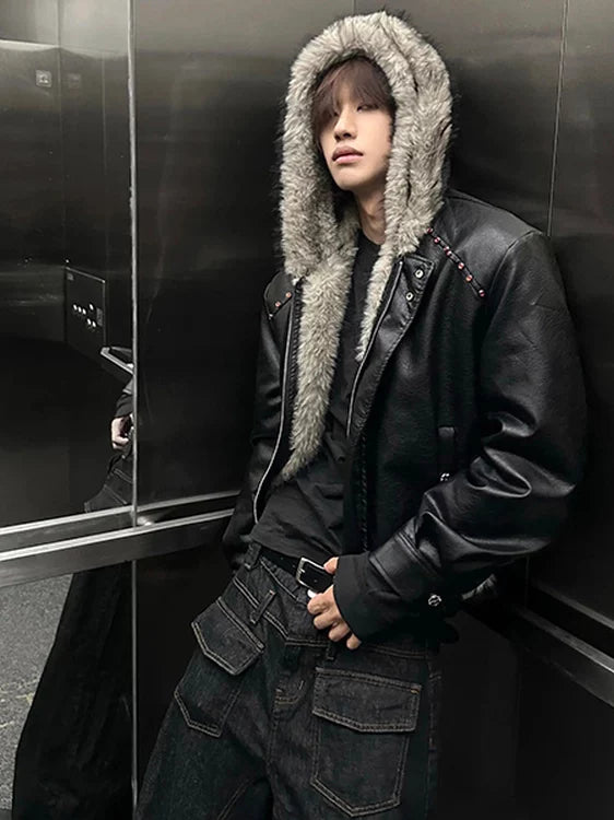Faux Fur Hood Leather Jacket