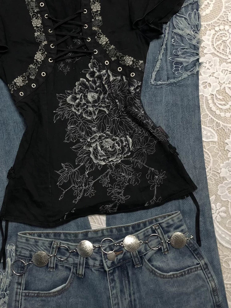Printed Tie-Neck Stand Collar Top