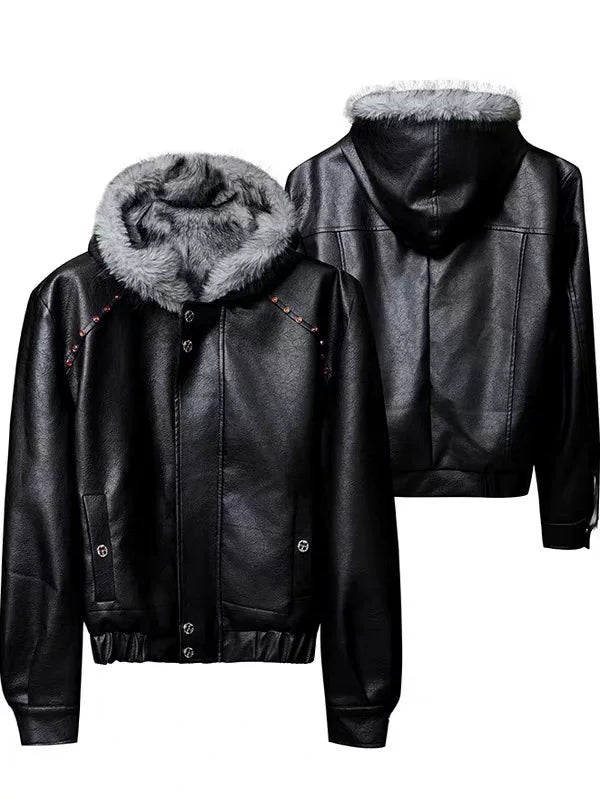 Faux Fur Hood Leather Jacket
