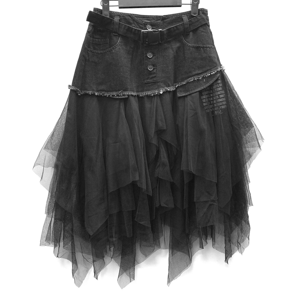 Denim Mesh Patchwork Skirt