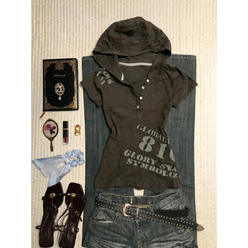 Brown Hooded Short Sleeve Tee