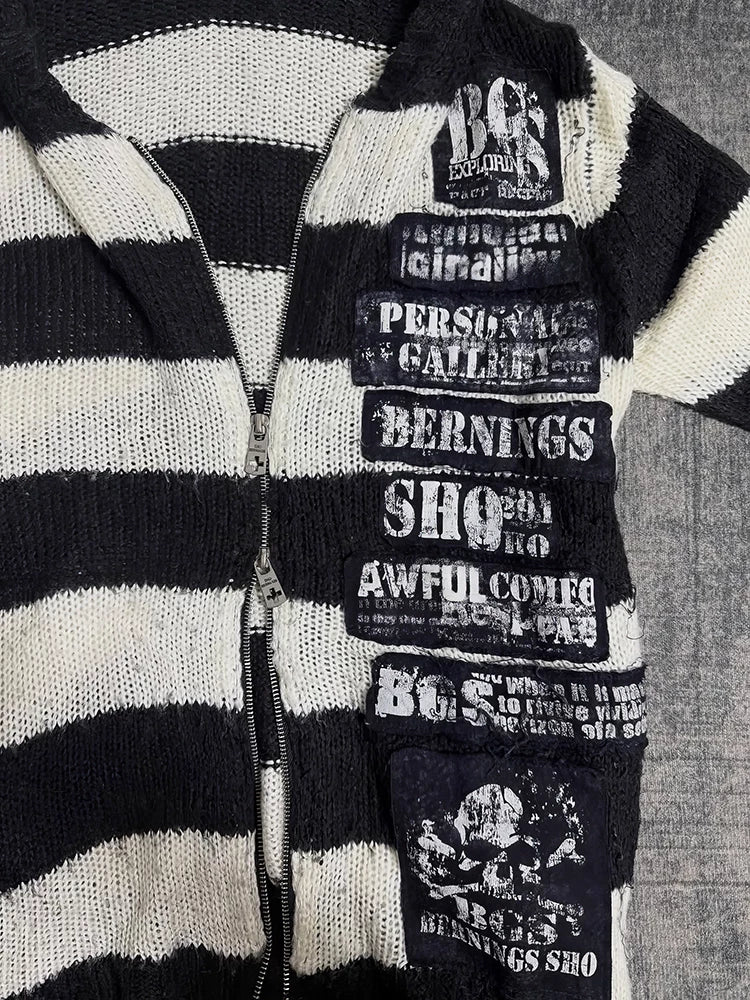 Striped Hooded Zip Knit Cardigan