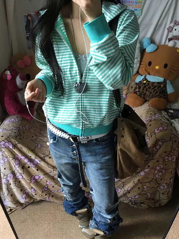 Mint Stripe Zip Hoodie