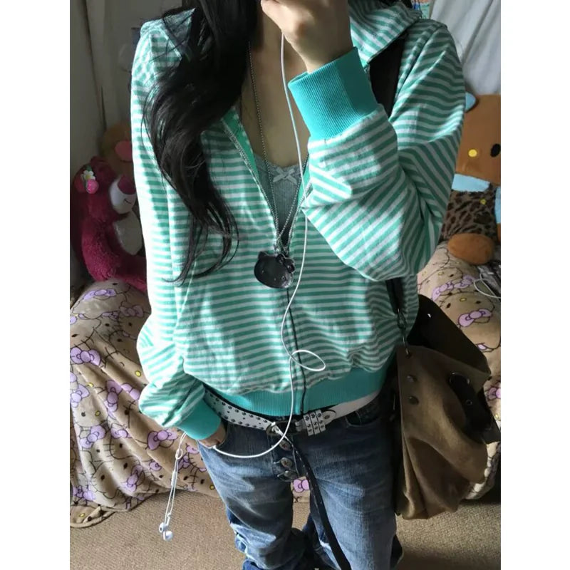 Mint Stripe Zip Hoodie
