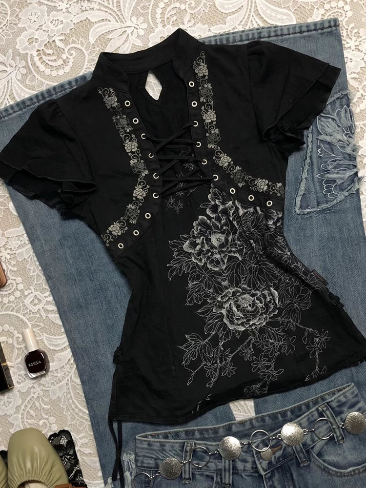 Printed Tie-Neck Stand Collar Top
