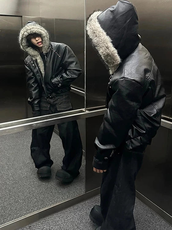 Faux Fur Hood Leather Jacket