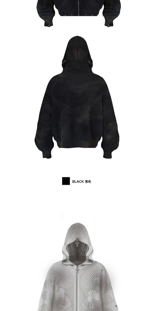 Cross Zip Open-Knit Hooded Jacket