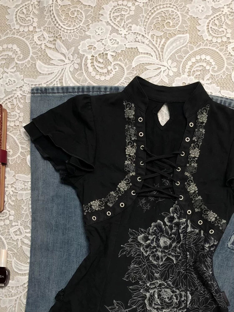Printed Tie-Neck Stand Collar Top