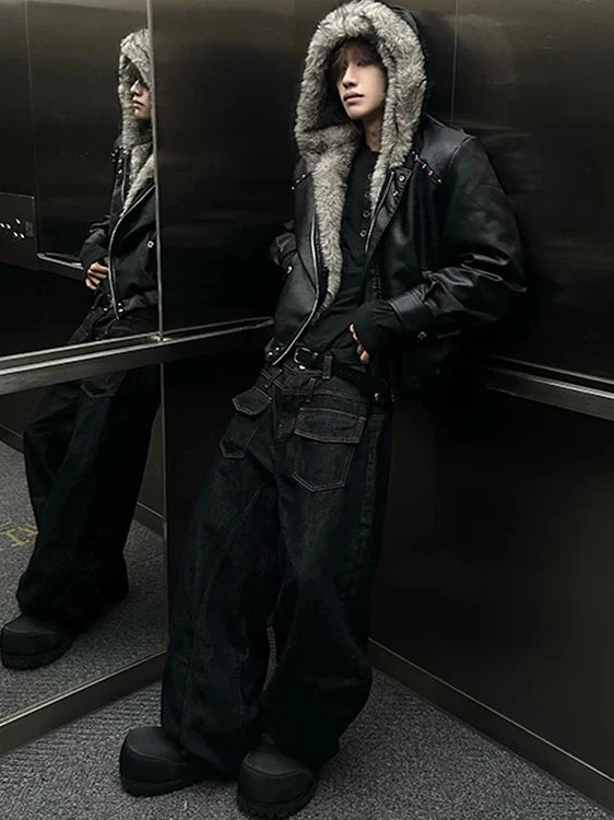 Faux Fur Hood Leather Jacket