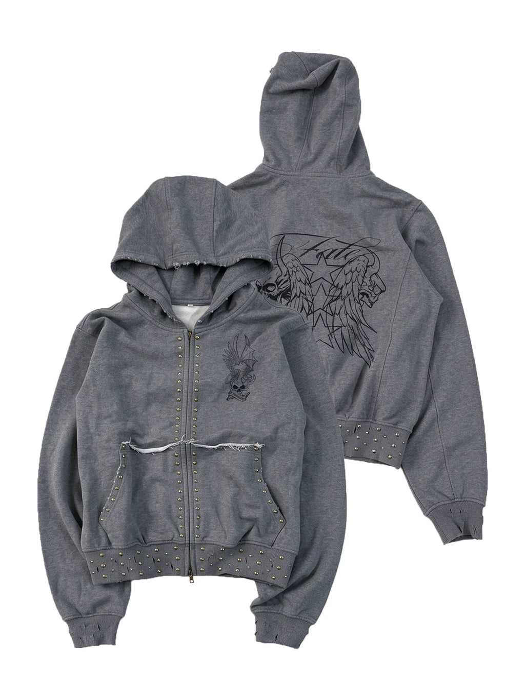 Skull Wing Distressed Rivet Hoodie