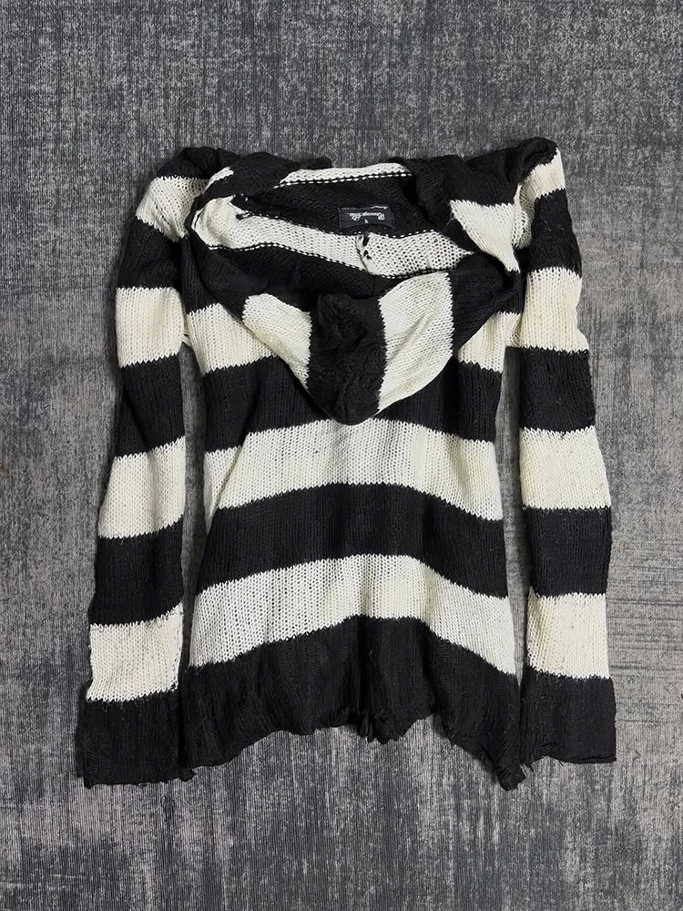 Striped Hooded Zip Knit Cardigan