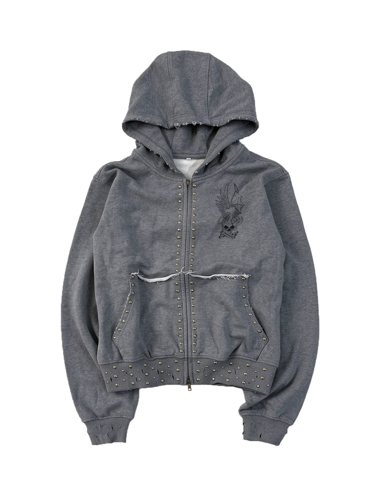 Skull Wing Distressed Rivet Hoodie
