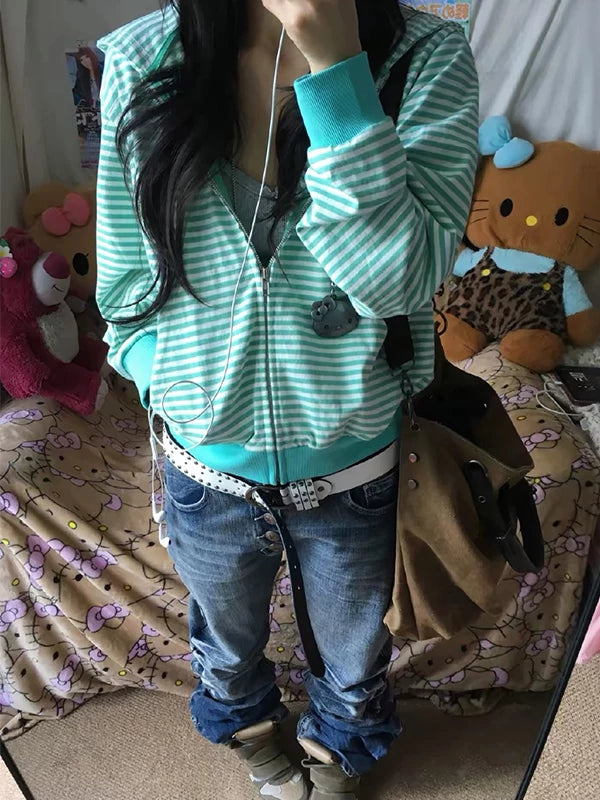 Mint Stripe Zip Hoodie