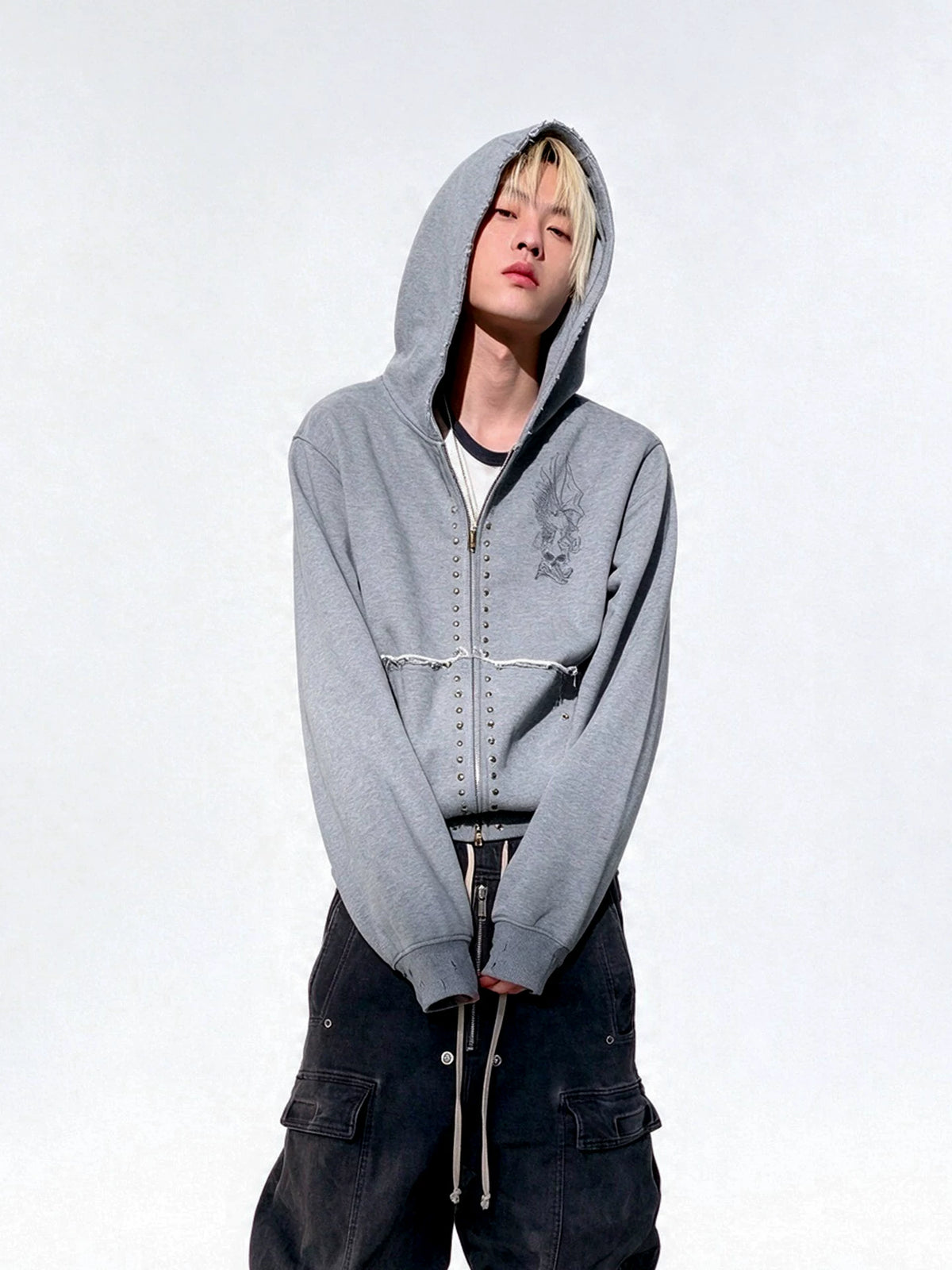 Skull Wing Distressed Rivet Hoodie