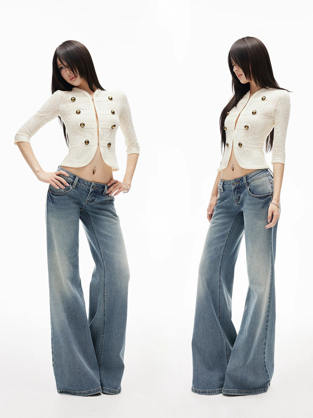 Low-Rise Slub Flare Jeans
