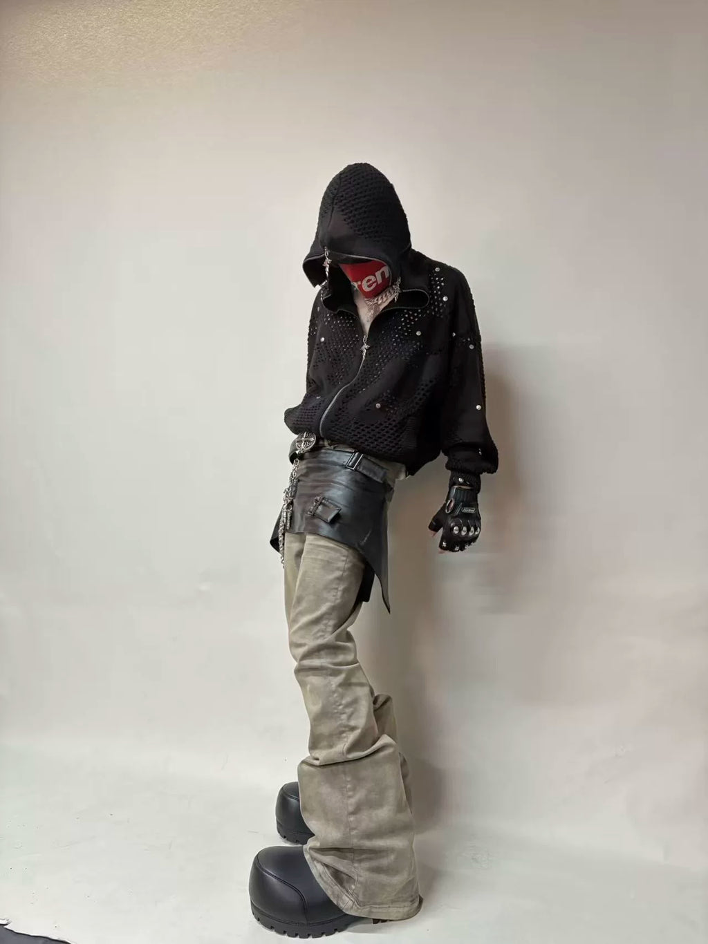 Cross Zip Open-Knit Hooded Jacket