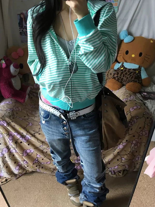 Mint Stripe Zip Hoodie