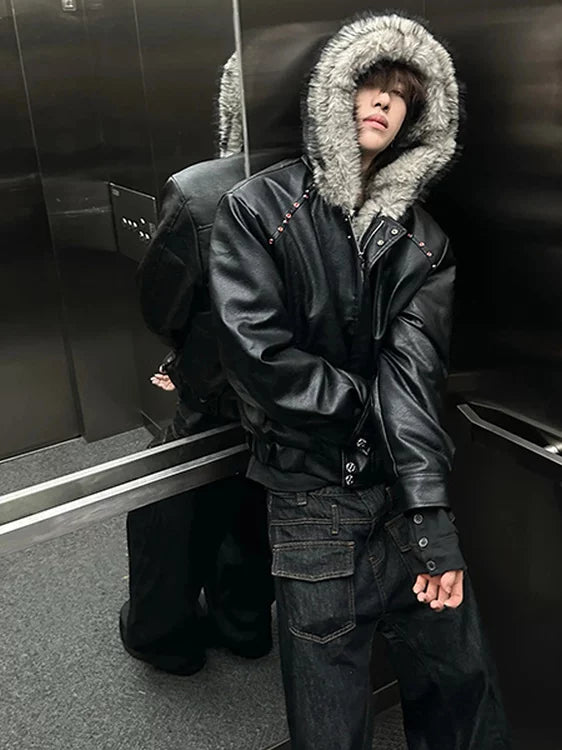 Faux Fur Hood Leather Jacket