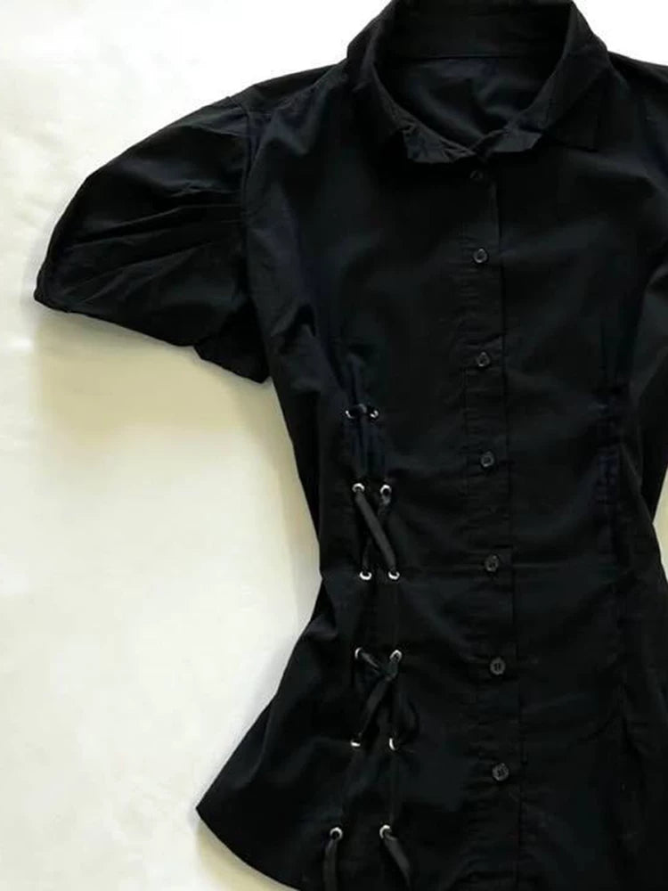 Black Lace-Up Puff Sleeve Shirt