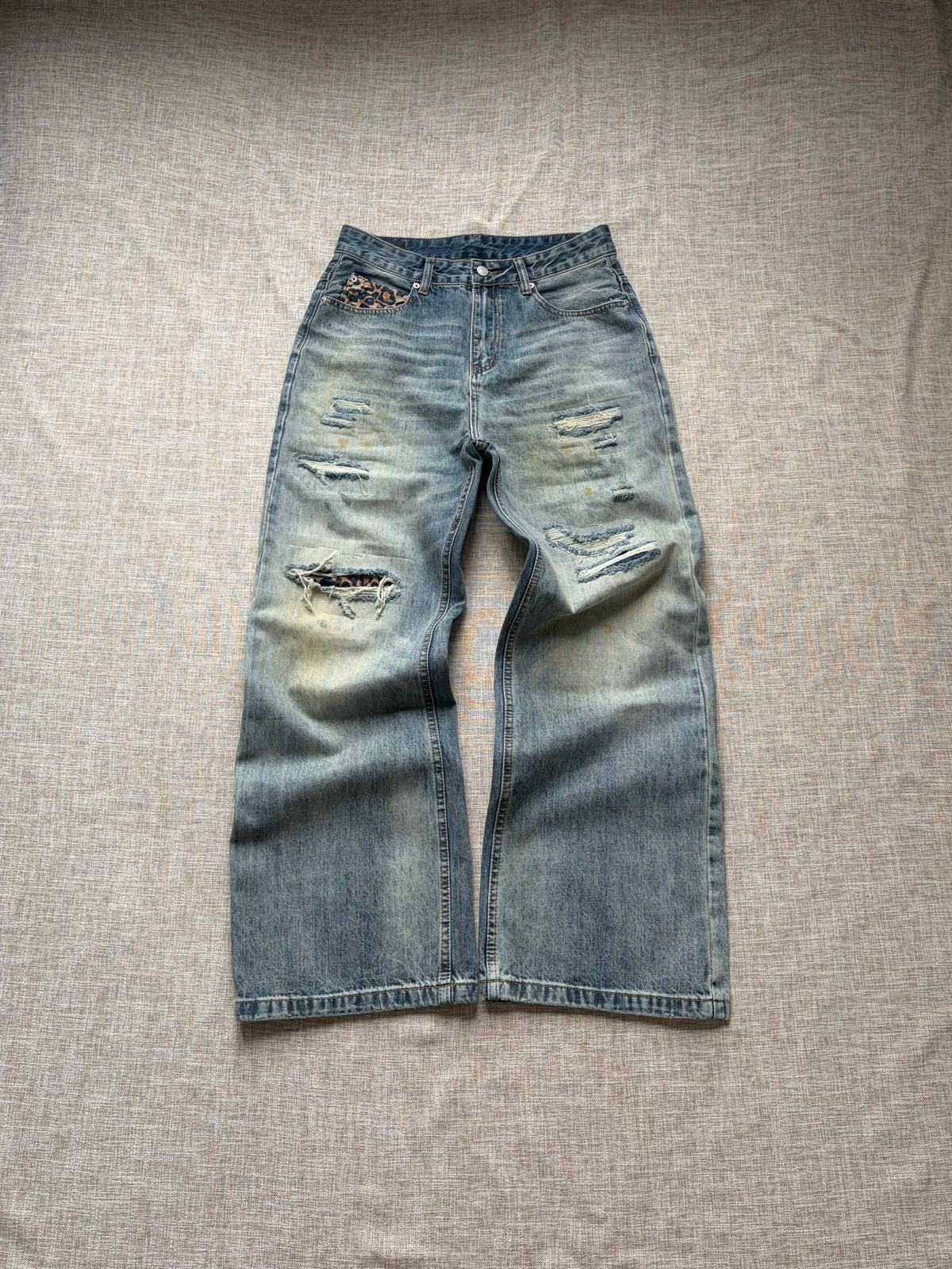 Leopard Patch Ripped Straight Jeans