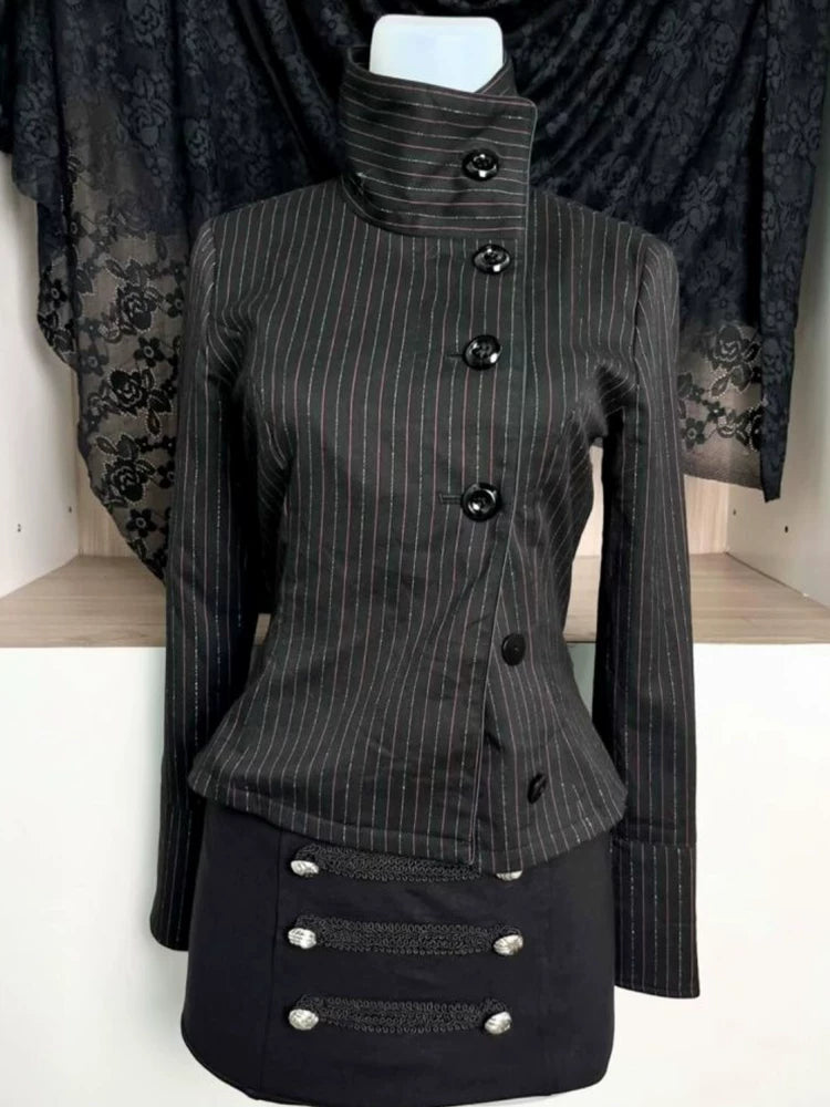 Striped Stand Collar Jacket & Skirt