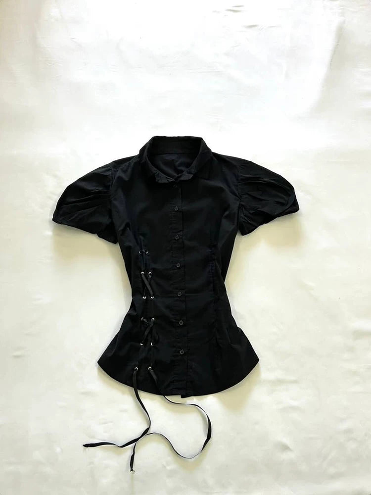 Black Lace-Up Puff Sleeve Shirt