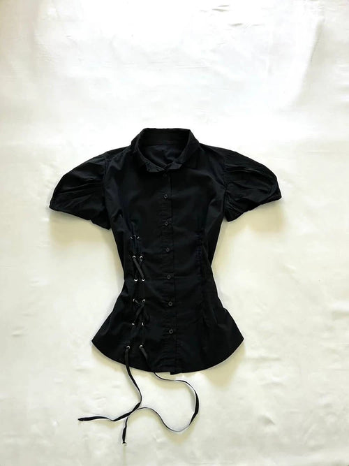 Black Lace-Up Puff Sleeve Shirt