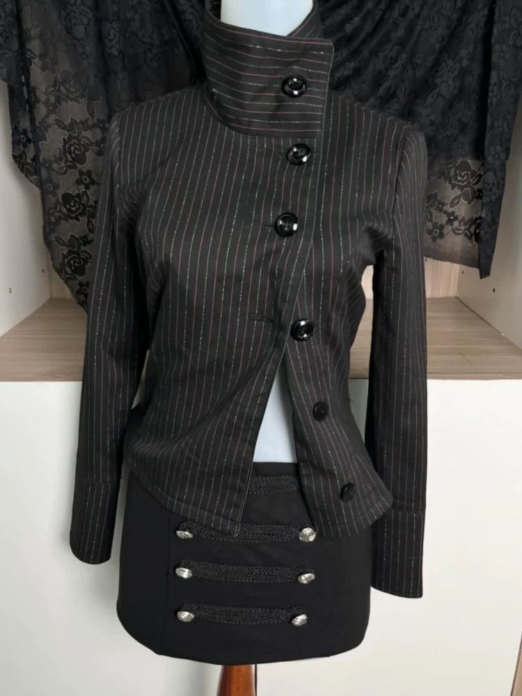 Striped Stand Collar Jacket & Skirt