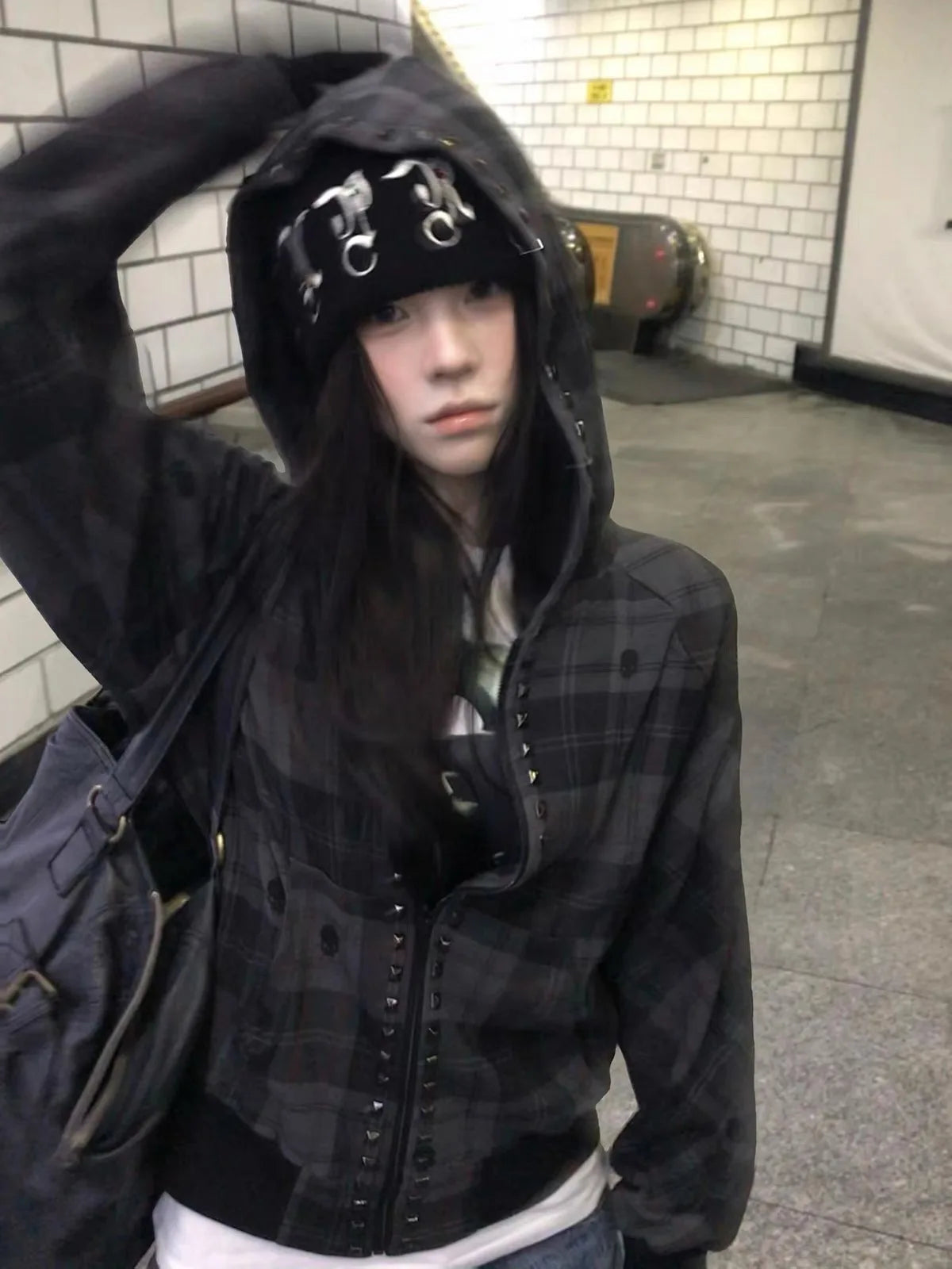 Plaid Studded Hooded Jacket