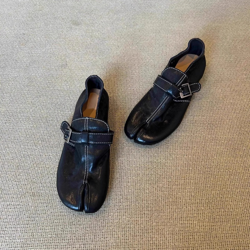 Split-Toe Buckle Leather Flats