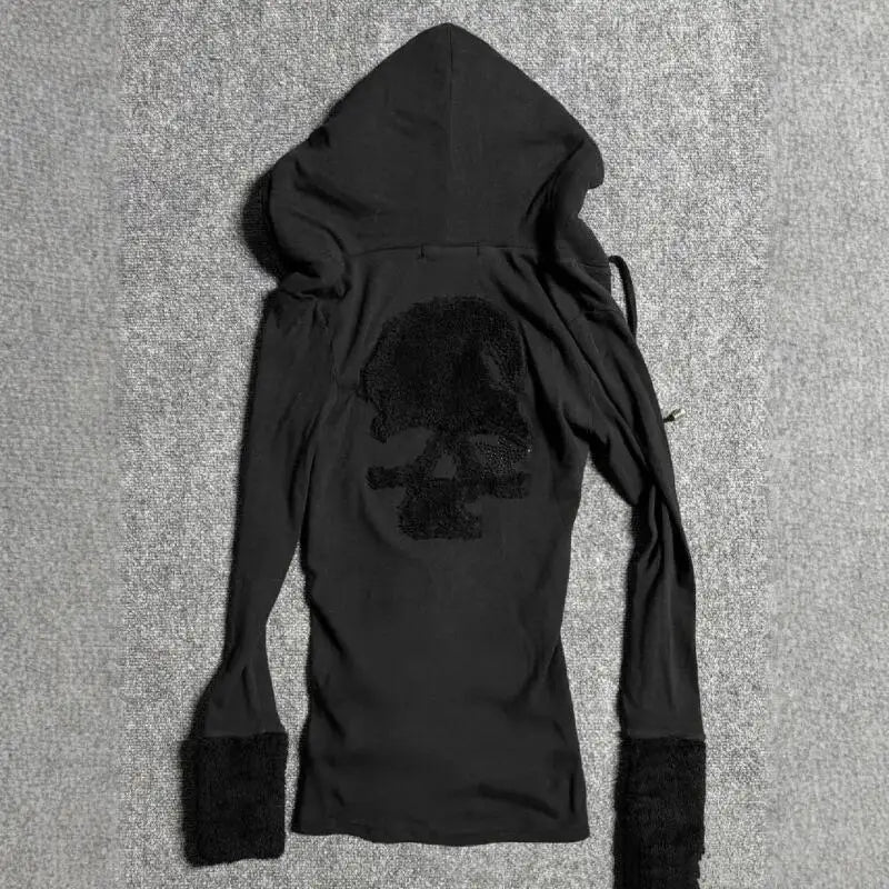 Skull Back V-Neck Hooded Long Sleeve