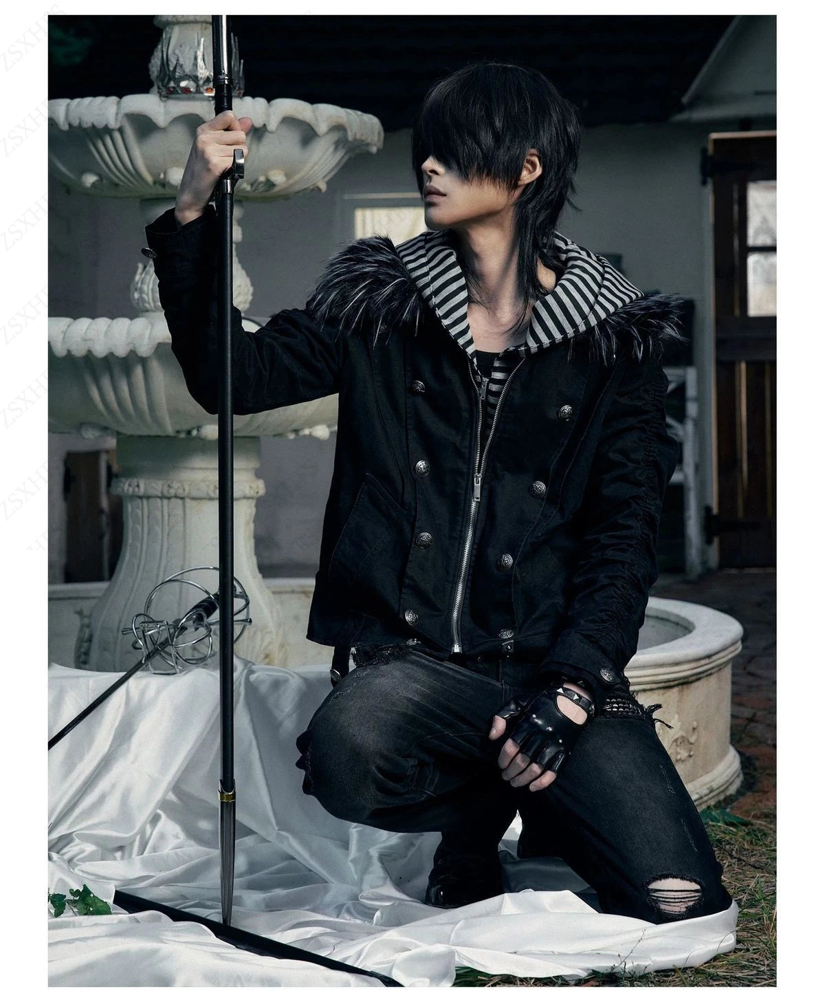 Striped Hood Double-Breasted Jacket
