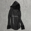 Skull Back V-Neck Hooded Long Sleeve
